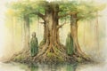 Ancient forest guardians, towering tree ents with deep-rooted wisdom - Generative AI Royalty Free Stock Photo