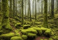 An ancient forest with moss-covered trees