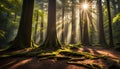 An ancient forest with towering trees and dappled sunlight