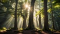 An ancient forest with towering trees and dappled sunlight