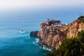 Ancient fort at seaside of Portugal, Nazare. Lighthouse on the rocky cliff. Atlantic ocean coast shoreline. Slopes of promontory Royalty Free Stock Photo