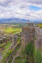 Ancient fortifications.  Albania, Shkoder. View of  Shkoder city and walls of old fortress Rozafa Castle Royalty Free Stock Photo