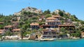 Ancient fortress on hill next to famous underwater city Kekova in mediterranean coastline of Antalya province,Turkey.