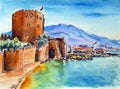 Ancient fortress Kyzyl Kule in Alanya, Antalia, Turkey at sea and sky scene