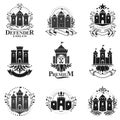 Ancient Fortresses emblems set. Heraldic Coat of Arms, vintage Royalty Free Stock Photo