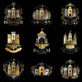 Ancient Fortresses emblems set. Heraldic Coat of Arms, vintage v Royalty Free Stock Photo