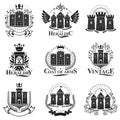 Ancient Fortresses emblems set. Heraldic Coat of Arms, vintage v Royalty Free Stock Photo