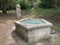 Ancient fountain in the park with transparent water Royalty Free Stock Photo