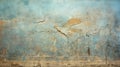 Ancient fresco of bird in garden, damaged painting of animals on old blue wall. Vintage cracked artifact background. Theme of fine