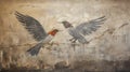 Ancient fresco of birds, cracked mural of animals on old plaster wall