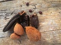 The ancient fruit of carobs and a bunch of almonds on a wooden background Royalty Free Stock Photo