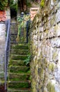 Ancient garden access from stone staircase and natural stone wall with moss and weeds 2