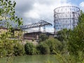 Ancient gasometer in the district Ostiense along the river Tiber to Rome in Italy. 