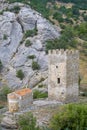 Ancient Genoese fortress tower and temple Royalty Free Stock Photo