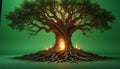 Ancient Glowing Tree Voxel Art: Mystical Low-Poly 3D Render with Green Background