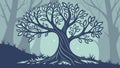 Ancient gnarled tree with deep roots in a mystical, shadowed forest, vector design Generative AI Royalty Free Stock Photo