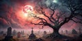 An ancient, gnarled tree stands sentinel over a graveyard shrouded in mist under a crimson moon. Generative AI Royalty Free Stock Photo