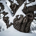 Ancient Gnarled Tree Trunk Covered in Snow Dramatic Winter Bark Texture Close-Up Royalty Free Stock Photo