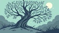Ancient gnarled tree under moonlight. Mysterious nature landscape, vector design Generative AI Royalty Free Stock Photo