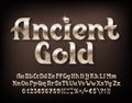 Ancient Gold alphabet font. Beveled golden letters, numbers and punctuations. Uppercase and lowercase.