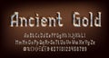 Ancient Gold alphabet font. 3D golden letters, numbers and symbols with gemstones.
