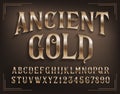 Ancient Gold alphabet font. Golden letters and numbers with shadow.