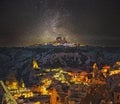 Ancient Goreme town and castle of Uchisar at night Royalty Free Stock Photo