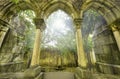 Ancient gothic arches in the myst. Royalty Free Stock Photo