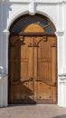 Ancient Gothic Church Portal Carved Wooden Door Church. Large Brown Antique Style Doors Full Frame.