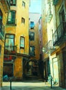 Ancient gothic quarter of barcelona, painting Royalty Free Stock Photo
