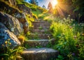 Ancient Granite Hillside Staircase A Rustic Journey Up a Steep StoneCarved Path Through Time Royalty Free Stock Photo