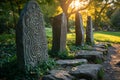 Ancient gravestones in a serene park at sunset