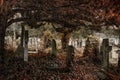 Ancient graveyard with many headstones with muted colors