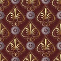 Ancient grecian floral seamless pattern. Vector red greece meander background with 3d gold hand drawn vintage flowers, swirl li