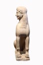 Ancient Grecian Sphinx statue with break in neck - side view on white background isolated