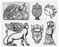 Ancient Greece, antique symbols Ganymede and eagle anphora, vase, athena statue and satyr mask vintage, engraved hand Royalty Free Stock Photo