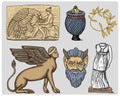 Ancient Greece, antique symbols Ganymede and eagle anphora, vase, athena statue and satyr mask vintage, engraved hand