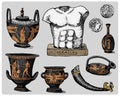 Ancient Greece, antique symbols, greek coins, heracles sculpture, anphora vintage, engraved hand drawn in sketch or wood