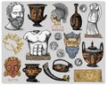 Ancient Greece, antique symbols Socrates head, laurel wreath, athena statue and satyr face with coins, amphora, vase