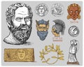 Ancient Greece, antique symbols Socrates head, laurel wreath, athena statue and satyr face with coins vintage, engraved