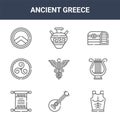 9 ancient greece icons pack. trendy ancient greece icons on white background. thin outline line icons such as armour, lyre,