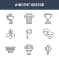9 ancient greece icons pack. trendy ancient greece icons on white background. thin outline line icons such as trident, theatre, Royalty Free Stock Photo