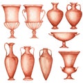 Ancient Greece Pottery set watercolor Antique Greek vases terracotta jug. Old clay amphora, pot, urn, jar for wine Royalty Free Stock Photo