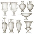Ancient Greece Pottery set watercolor Antique Greek vases white gray jug. Old clay amphora, pot, urn, jar for wine Royalty Free Stock Photo