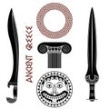 Ancient Greece set. Shield with Gorgon Medusa head, ancient Greek swords, Greek column, and Greek ornament meander Royalty Free Stock Photo