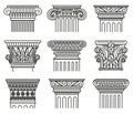 Ancient greek capitals. Architectural orders, ionic and doric antique classical capitals isolated vector illustration