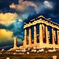 Ancient greek civilization, ancient greek temple ruins with cyborg goddess statue with clouds and sun ray. Generative AI Royalty Free Stock Photo