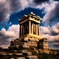 Ancient greek civilization, ancient greek temple ruins with cyborg goddess statue with clouds and sun ray. Generative AI Royalty Free Stock Photo