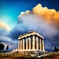 Ancient greek civilization, ancient greek temple ruins with cyborg goddess statue with clouds and sun ray. Generative AI Royalty Free Stock Photo