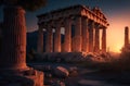 Ancient greek civilization, ancient Greek temple ruins with female goddess statue with clouds and sun ray. Royalty Free Stock Photo